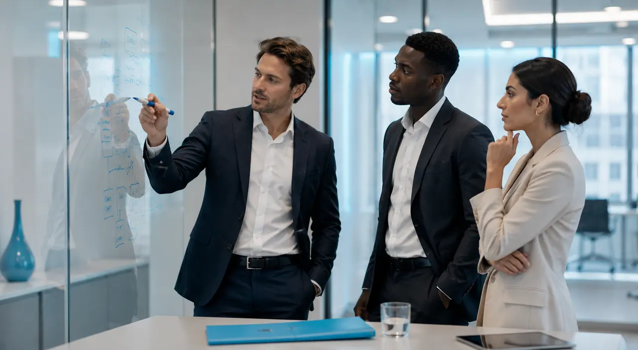 Colleagues mapping out the platform architecture on a glass board