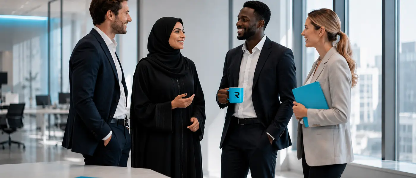 The diverse team behind Ridisa, in conversation in the office