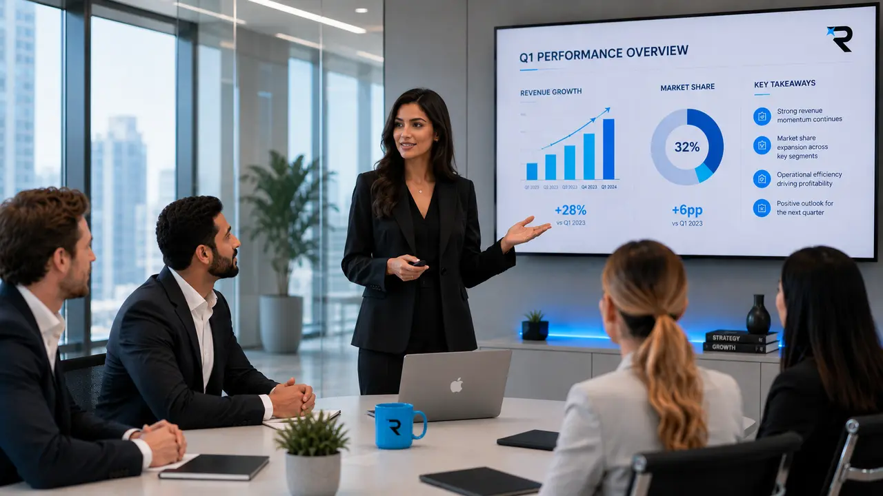 A leader presenting quarterly performance results to her team
